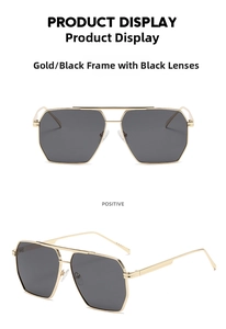 Front and side views of gold double-bridge sunglasses with dark grey lenses