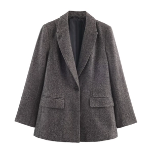 Women Casual Herringbone Polyester Blazer Jacket Long Sleeve Single Button Notched Lapel Business Office Outerwear Deep Gray