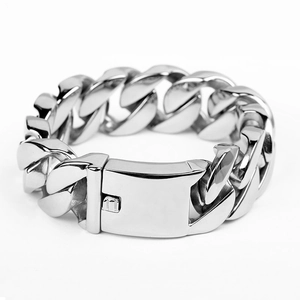 Polished silver stainless steel Cuban link bracelet for men with secure box clasp