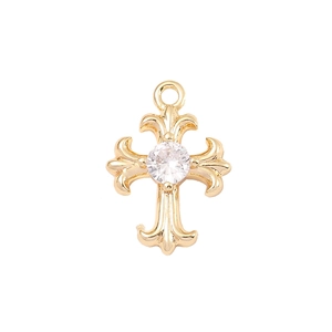 Golden fleur-de-lis cross pendant with central zircon for jewelry making projects