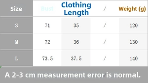 Size chart for tulle hem top detailing bust and length measurements in centimeters