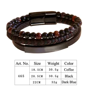 Multilayer men's leather and natural stone beaded bracelet with magnetic metal clasp
