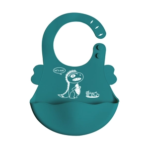 Adjustable dark teal silicone baby bib with dinosaur print and food catcher tray