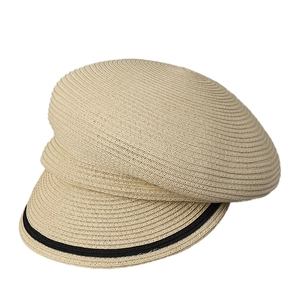 Classic khaki straw baker boy hat with black striped brim detail for summer sun protection