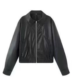 Chaqueta clásica de piel sintética negra con cuello de solapa y cremallera