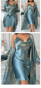 Close-up of blue floral satin pajamas set with lace-up robe and slip dress details