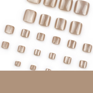 Short square cat-eye cat eye press-on toenails in shimmering light brown metallic taupe