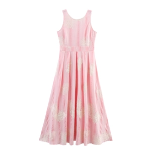 Damen Elegant Rosa Ärmellos Stickerei Maxi Kleid Rundhalsausschnitt A-Linie Hohe Taille Sommer Spitze Party Blumen Langes Kleid