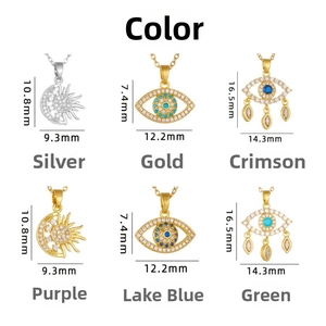 Close-up of evil eye pendants with dimensions and colorful cubic zirconia inlays