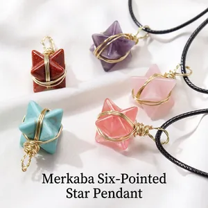 Handmade gold wire-wrapped crystal Merkaba star pendants with woven cord necklaces