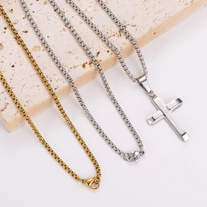 Minimalist double layer stainless steel necklaces with a cross pendant on a stone base