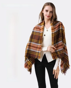 Detail showing soft brown plaid scarf features with winter warmth icons and text