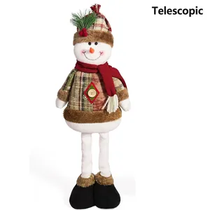 Retractable Christmas snowman plush figure with telescopic legs and red plaid design