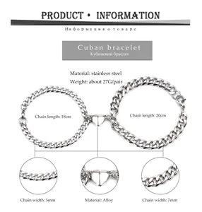 Size chart for Cuban magnetic couple bracelets in polished stainless steel and alloy
