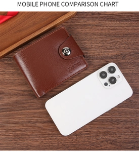 Size comparison of brown leather bifold wallet next to a mobile phone on wooden surface