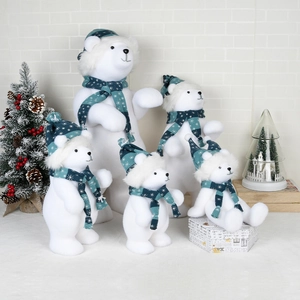 Five winter-themed white polar bear plush decorations with plaid scarves and hats