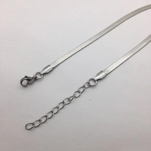 Close-up of silver titanium steel snake chain with lobster clasp and extension link