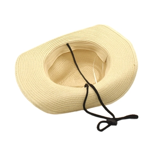 Panama straw cowboy hat in beige with adjustable wind cord and wide rolled brim