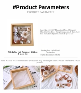 Detailed view of milk tea brown fabric hair accessories set including clips and hair ties