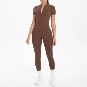 Women's dark brown short sleeve yoga jumpsuit with zipper collar and high elastic fabric