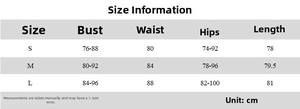 Tableau des tailles pour mini robe dos nu avec mesures du buste de la taille et des hanches
