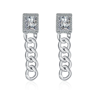 Chic silver earrings with rectangular zircon stud and chunky curb chain drop elements