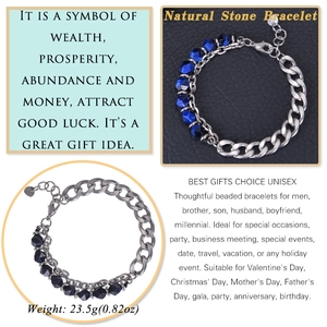 Detail of natural blue tiger eye beads joined with a stainless steel Cuban chain link