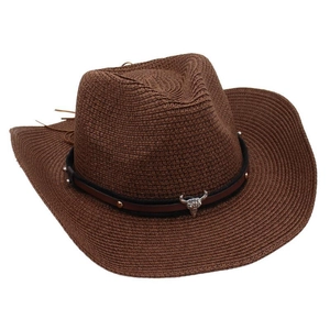 Detail of dark brown cowboy straw hat with silver steer skull and studded leather band