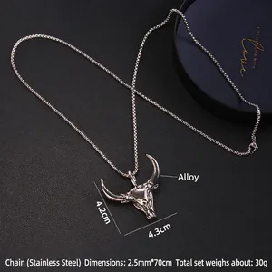 Collier avec pendentif tête de taureau punk hip hop et longue chaîne en acier