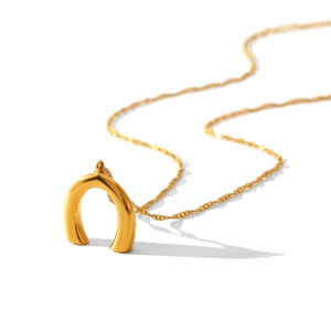 Detailansicht eines goldenen U-förmigen Hufeisenanhängers an einer feinen Edelstahlkette