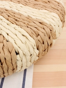Minimalist woven paper rope handbag with brown and cream stripes for summer beach use