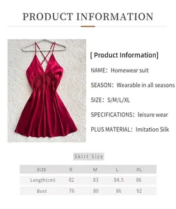 Detailed size chart for lace-trimmed deep V-neck imitation silk nightgown in burgundy