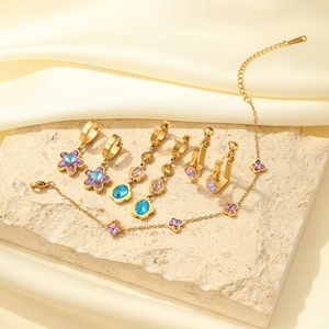 Light Luxury Stainless Steel Rhinestone Earrings Star Floral Hollow Out Drop Earrings For Women Gold Plated Butterfly Pendant Bracelet Jewelry