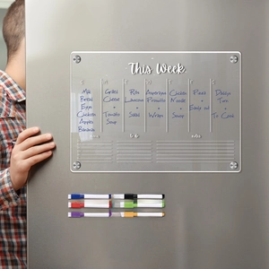 Clear acrylic magnetic weekly planner for fridge with colorful markers and notes section