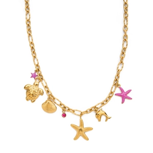 Detailed view of gold plated necklace with starfish, turtle and sea shell charms