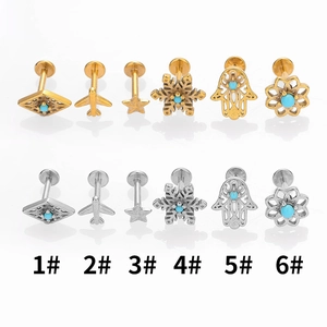 Flat back surgical steel labret jewelry with turquoise floral charms in gold and silver