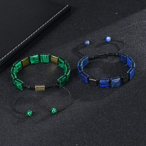 Square malachite and lapis lazuli woven bracelet with adjustable black cord and zircon