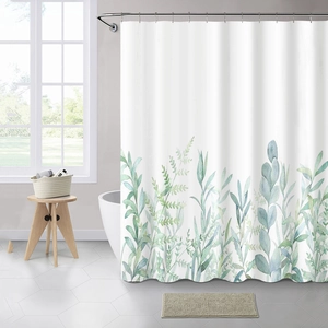 Waterproof polyester shower curtain with green eucalyptus leaf print in a modern bathroom