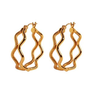 Double-layered golden hoop earrings featuring a wavy design and textured snake pattern detail