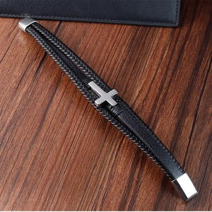 Black multilayer braided leather bracelet for men featuring a silver cross and magnetic clasp