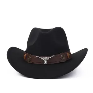 Chapeau De Cowboy Occidental Rétro Feutre De Laine Large Bord Avec Décoration En Métal Tête De Taureau Et Bande Tissée Ethnique