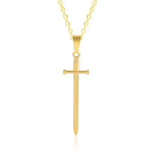 Detailed close-up of a gold-plated stainless steel fencing sword pendant on a link chain