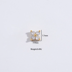 S925 silver four-leaf clover stud earrings with white zircon and gold finish, 7.7mm size