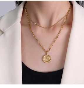 Close-up of double-layered 18k gold-plated titanium steel necklace on a model