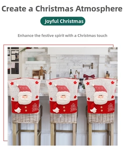 Close-up of red knit Christmas chair covers with 3D Santa Claus embroidery on bar stools