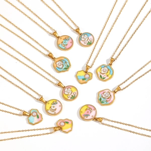 Vintage bohemian flower enamel pendant necklaces in gold finish with pearls