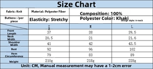 Size chart showing detailed dimensions for the V-neck diamond knit vest in khaki