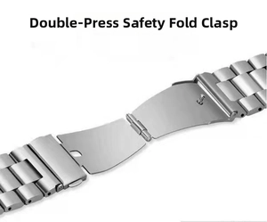 Detail of silver stainless steel watch strap featuring double press safety folding clasp