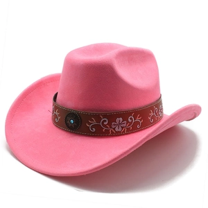Detailed close-up of pink felt cowboy hat with embroidered band and blue turquoise stone