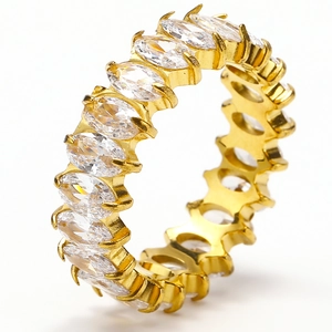 Close-up of eternity ring with marquise-cut cubic zirconia in 18k gold plated titanium
